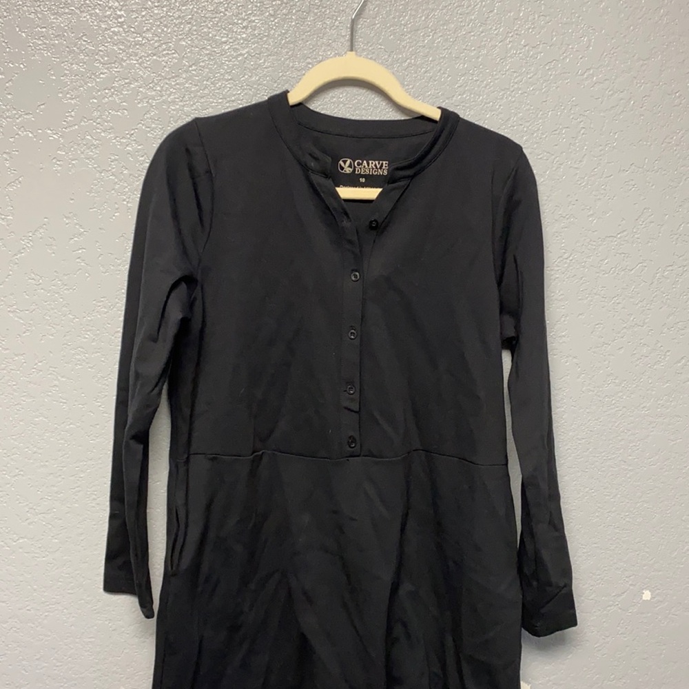 $99 Carve Designs Women's Black Long Sleeve Henley Collar A-Line Dress Size 10